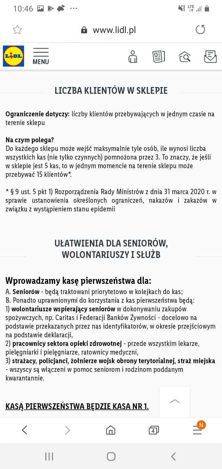 Zrzut z ekranu - to pierwotny zapis dot. kasy pierwszeństwa na stronie internetowej Lidla