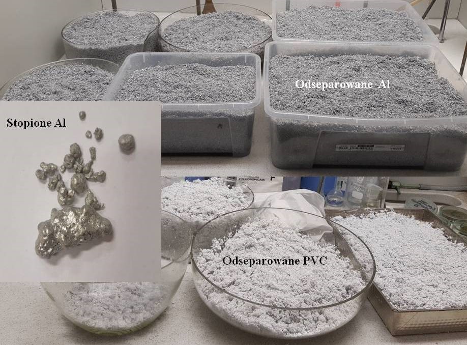 Odseparowane w procesie technologicznym tworzywo PVC oraz odseparowane i stopione aluminium.