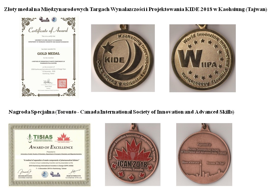 Dyplomy i medale otrzymane na Międzynarodowych Targach Wynalazczości i Projektowania KIDE 2018 w Kaohsiung (Tajwan).