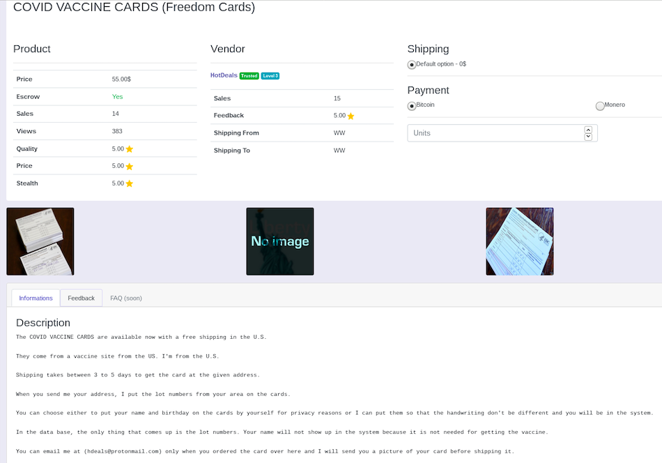 A screenshot of a vendor on the Liberty Market DNM selling fraudulent vaccines certificates