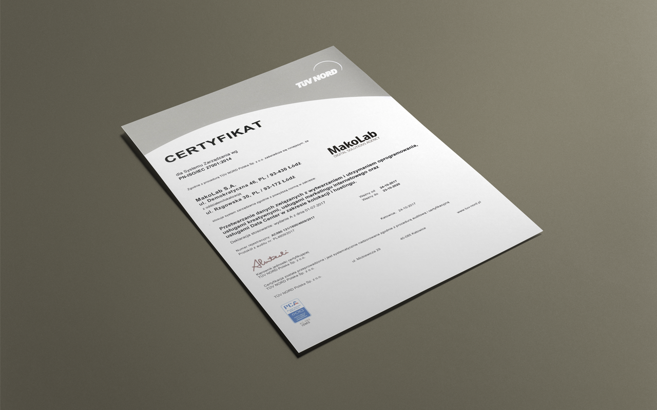 MakoLab z certyfikatem ISO 27001